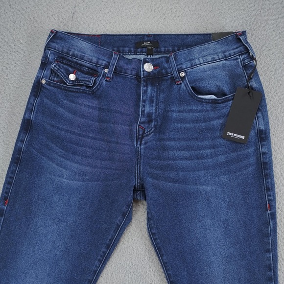 True Religion Ricky Relax Straight Jeans Mens 32x34 Blue Flap Pocket Stretch NWT - Picture 3 of 16